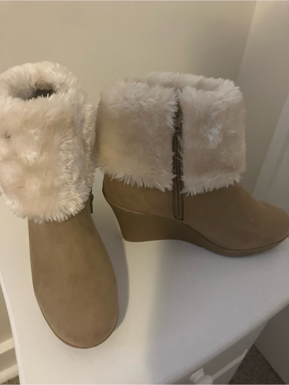 Women's Faux Fur Cuff Wedge Booties - Taupe Size 7